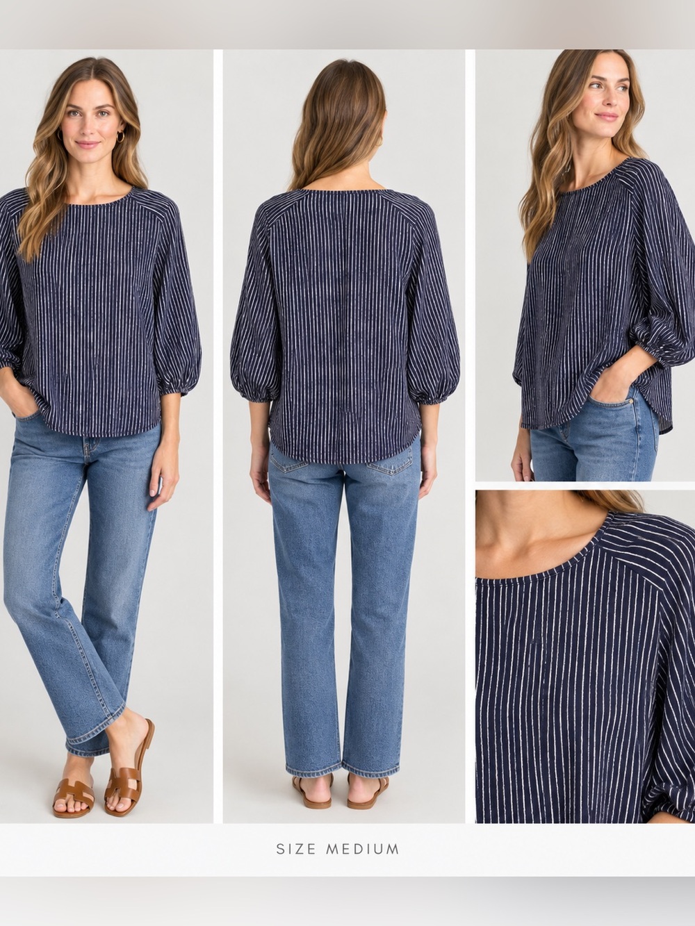 Adrianna Papell Navy & White Vertical Stripe Balloon Sleeve Top